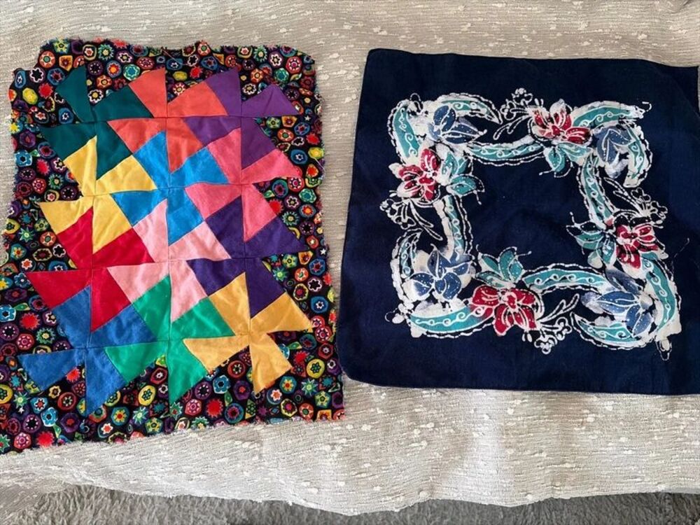 Lot 2 Colorful Patchwork Pinwheel Quilt Top Piece & Navy Blue Floral Batik